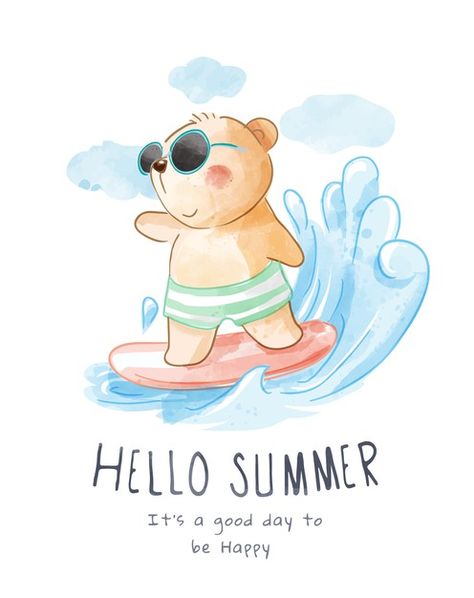 Surf Drawing, Summer Animals, Panda Lindo, Cute Cartoon Bear, Summer Cartoon, Art Mignon, Bear Illustration, Moon Illustration, Easy Doodles Drawings