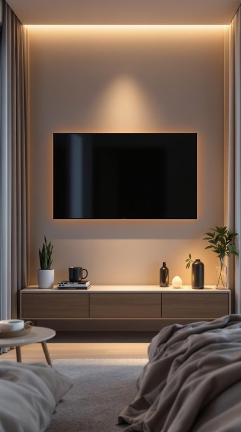 Tiny Bedroom Decor Tv Unit Decor Bedroom, Tv Placement In Bedroom, Tv In Bedroom Ideas Mounted Tv, Bedroom Tv Setup, Tv Panel Ideas, Small Bedroom Tv Wall, Tiny Bedroom Decor Ideas, Tiny Bedroom Decor, Bedroom Tv Wall Design