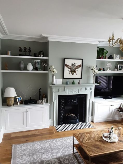 Uk House Interior Living Rooms, Medium Lounge Room Ideas, Square Front Room Ideas, Shelving Ideas For Living Room Fireplace, Cottage Front Room Ideas, Living Room Designs 1930s House, 1930s Lounge Ideas, Fitted Furniture Living Room, 1930s House Living Room