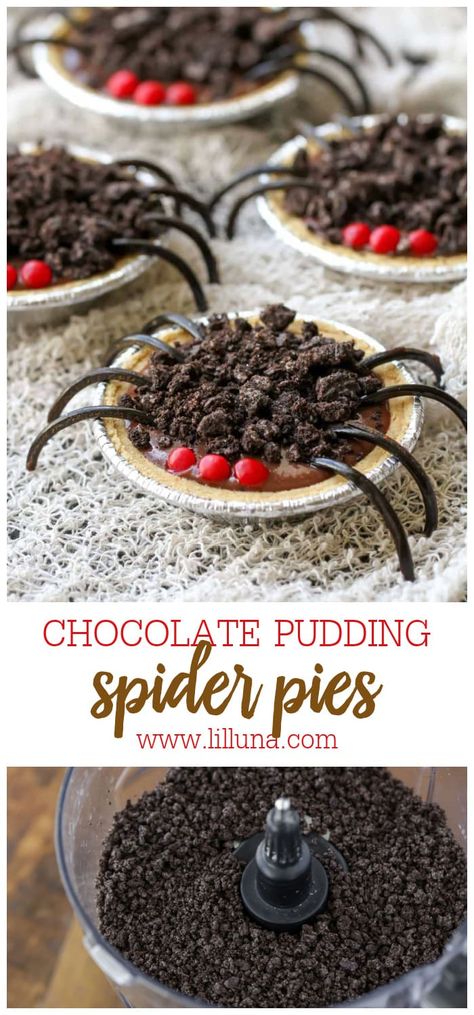 Mini chocolate pudding pie spiders are fun, festive, and CRAZY easy to make. The kids will love helping out!! #chocolatepuddingpiespiders #puddingpie #chocolatepudding #halloween #halloweentreats Chocolate Pudding Pies, Red Candies, Halloween Pudding, Work Desserts, Chocolate Pudding Pie, Chocolate Pudding Cookies, Chocolate Pie With Pudding, Oreo Pudding, Pudding Pie