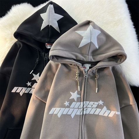 Star Print Hoodies Women's Y2K Street Hip-Hop Zipper Sweatshirt Couple Loose Cashmere Hoodie Oversized Hoodie Men, Grunge Sweatshirt, Casual Punk, Hoodie Jacket Women, Hippie Top, Zipper Sweatshirt, Cashmere Hoodie, Zippered Cardigan, Hoodie Cardigan