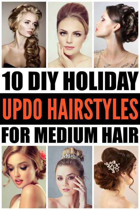 Get ready to fall in love with these updo hairstyles for medium hair! These easy tutorials will show you how to get romantic updo looks that are perfect for the holiday season. Simple, classy, and perfect for shoulder length hair, these DIY hairstyles are perfect for weddings and holiday parties, and everything in between! Medium Updo, Party Hairstyles Medium, Updo Hairstyles For Medium Hair, Hairstyles For Medium Length Hair Tutorial, Hairstyles Holiday, Holiday Updo, Holiday Party Hair, Diy Updo, Updo Tutorial