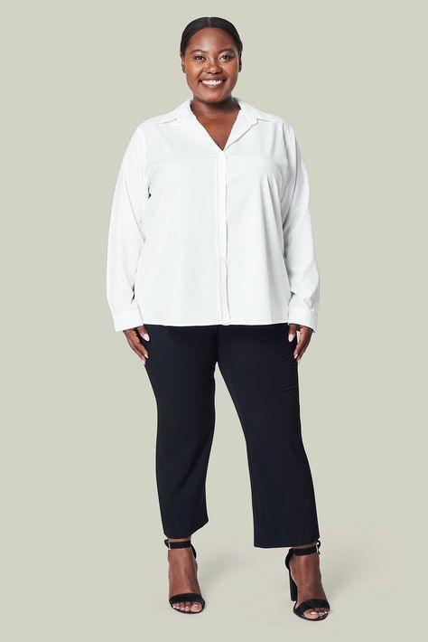 Plus size white shirt black pants apparel mockup psd body positivity shoot | free image by rawpixel.com / nunny Plus Size White Shirt, Dress Mockup, Apparel Mockup, Button Shirt Dress, Plus Size White, Clothing Mockup, Black Trousers, Shirt Mockup, Mockup Psd