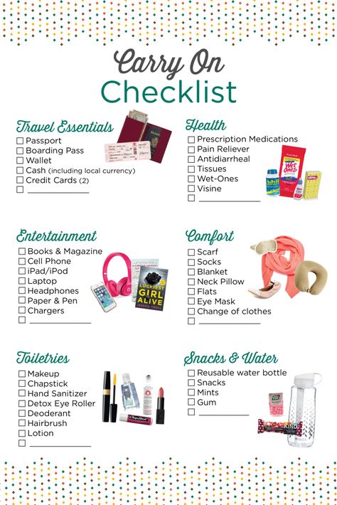 Image courtesy of Brownell Carry On Checklist, Cruise Checklist, Trip Essentials Packing Lists, Carry On Essentials, Packing Essentials List, Travel Packing Checklist, Travel Bag Essentials, Road Trip Packing, Carry On Bag Essentials