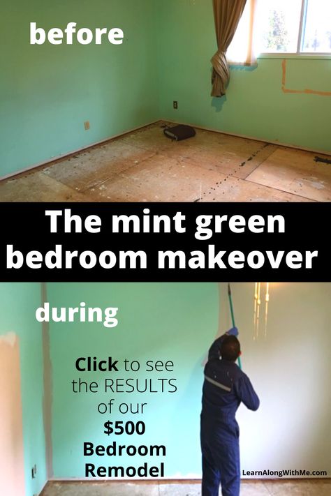 Mint Bedroom Makeover on a budget. Showing me starting to paint our mint bedroom walls a light gray color Mint Green Walls Bedroom, Mint Walls Bedroom, Mint Green Bedroom Walls, Mint Bedroom Walls, Mint Green Bedroom Ideas, Mint Green Room, Bedroom Makeover On A Budget, Mint Green Bedroom, Mint Green Rooms