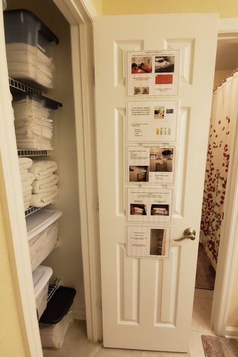 Airbnb Linen Closet, Air Bnb Storage Closet, Airbnb Towel Storage, Airbnb Storage Closet, Vacation Rental Owners Closet, Airbnb Supply Closet, Airbnb Owners Closet Organization, Short Term Rental Cleaning Checklist, Airbnb Storage Ideas