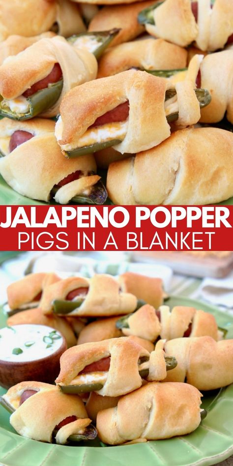 Combine two appetizer favorites into one with Jalapeno Popper Pigs in a Blanket! Roasted jalapenos are filled with cheese and little smokies, then wrapped in crescent rolls for an easy recipe that is sure to impress your friends! Great for gameday or parties! Fun Easy Appetizers, Popper Pigs In A Blanket, Roasted Jalapenos, Crescent Roll Recipes Dessert, Smokies Recipe, Little Smokies, Poppers Recipe, Jalapeno Recipes, Jalapeno Popper