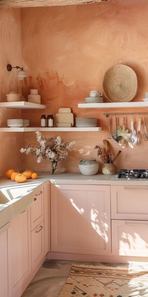 Earthy Kitchen Ideas, Pink Kitchen Designs, Pink Kitchen Ideas, Pink Kitchens, Earthy Kitchen, Pink Painted Walls, Earthy Pink, Statement Walls, Pink Cabinets