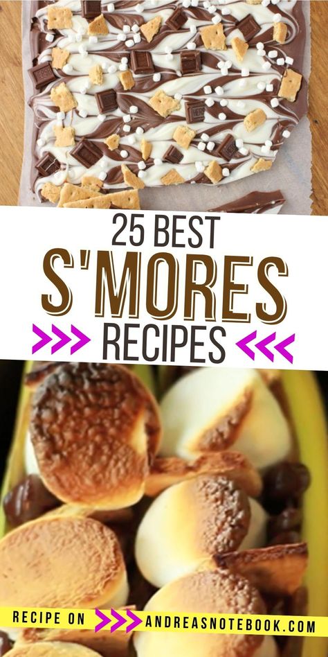 25 of the best s'mores recipes that are so much tastier than a classic s'more. S'mores cheesecake, s'mores cookies, s'mores banana boats, s'mores strawberries, s'mores bark, s'mores cupcakes, s'mores truffles, s'mores on a stick, deep fried s'mores and more! S’mores Sushi, Savory Smores Ideas, Fancy Smores Ideas, S’mores Recipes, Apple Smores, Savory Smores, Smores Variations, Smores Recipes, Lake Recipes