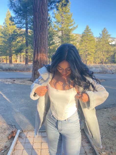 Lake Tahoe | Corset Top | White OOTD | Winter | Coat | Cute | GRWM | Fashion Inspiration | Going Out Outfit | Clothes | What to Wear | Outfit Ideas | College | Twenties Strapless Corset Top Outfit, Corset Top Outfit Winter, Outfit Ideas College, White Ootd, Lake Outfit, Corset Top Outfit, Going Out Outfit, Ootd Winter, Strapless Corset