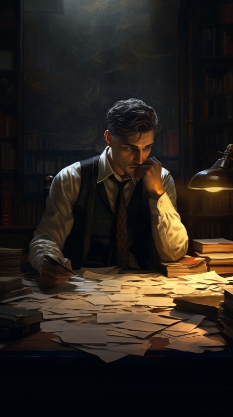 Photorealistic image of a clever detective sitting in his office Noir Detective, Detective Aesthetic, Private Detective, Call Of Cthulhu, Urban Fantasy, Story Inspiration, Cthulhu, Dark Fantasy Art, Writing Inspiration