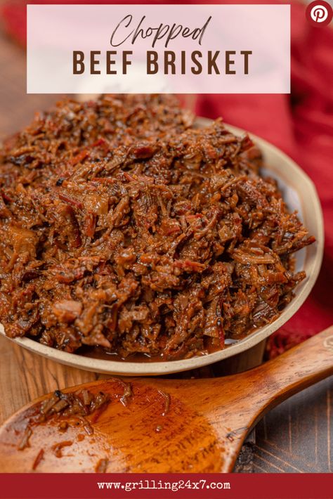 Large bowl of chopped beef brisket simmered with bbq sauce Chopped Brisket Recipes, Leftover Brisket Ideas, Grilled Brisket Recipes, Brisket Leftovers, Bbq Leftovers, Chopped Beef, Beef Brisket Sandwich, Bbq Beef Sandwiches, Smoked Recipes