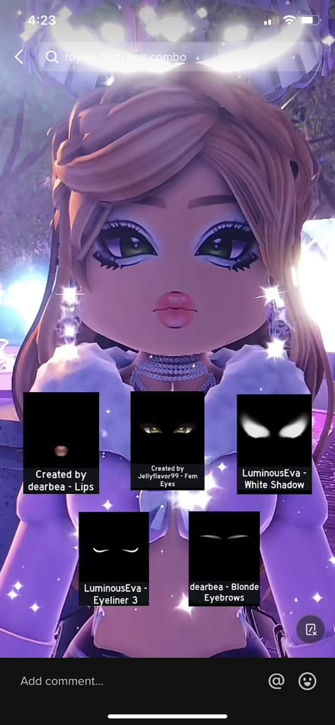 Royal High Beginner Outfits, Royal High Gyaru Makeup, Royale High Female Hair Combos, Gyaru Makeup Royale High, Royale High Outfits For Beginners, Royal High Profile Ideas, Neon Glow Outfit Royale High, Rh Gyaru Face, Gyaru Hair Combos Royale High