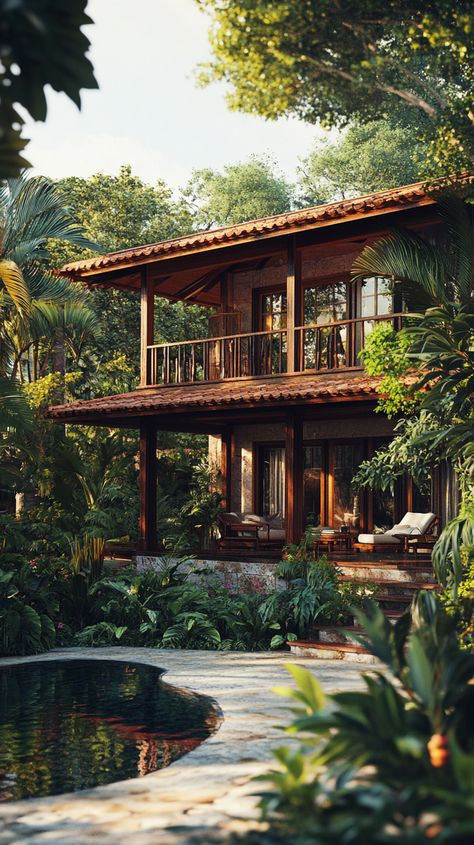 Tropical paradise with expansive windows overlooking lush gardens Tropical Hostel, Tropical Cottage, Tropical Hideaway, Tropical Homes, Tropical Climate, Tropical Houses, Lush Garden, Tropical Paradise, Garden View