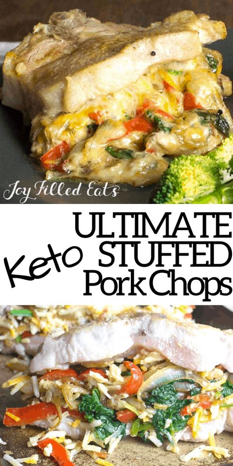 These Keto Stuffed Pork Chops with Spinach, Peppers, & Onions are perfect for date night at home. Why pay premium restaurant prices when you can create a delicious restaurant-quality meal in minutes? This is pure comfort food and an easy main course dinner. This easy recipe is low carb, keto, gluten free, grain free, sugar free, and Trim Healthy Mama friendly. Pork Chops With Spinach, Premium Restaurant, Stuffed Pork Chops, Trim Healthy Recipes, Low Carb Pork, Healthy Low Carb Dinners, Date Night At Home, Stuffed Pork, Joy Filled Eats