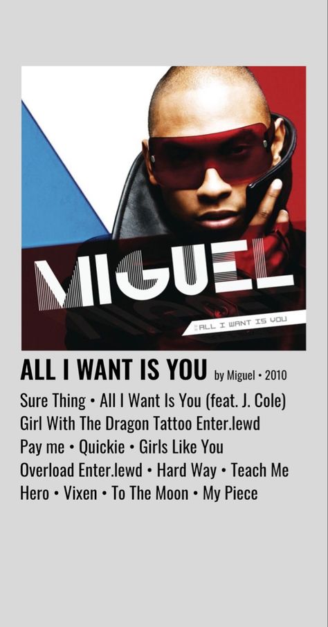 All I Want Is You Album Cover, Spanish Album Covers, Miguel Songs, Album Cover Wall Decor, Minimalist Music, Music Cover Photos, Album Posters, The Girl With The Dragon Tattoo, Music Poster Ideas