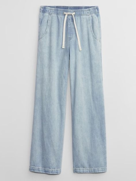 High Rise Wide-Leg Pull-On Jeans | Gap Factory Drawstring Jeans, Travel Capsule Wardrobe, Pajamas Gift, Utility Pockets, Pull On Jeans, Baby Pajamas, Travel Wardrobe, Pair Of Pants, Stretch Denim