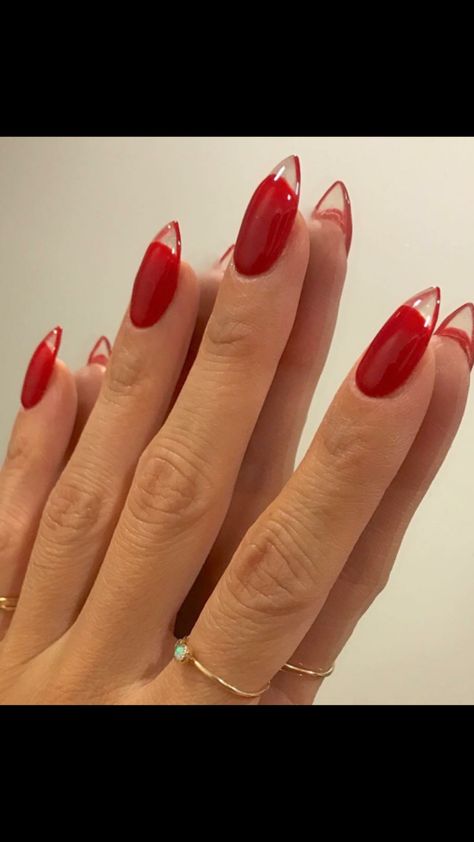 Red gel nails with clear tip Clear Nail Tips, Red Gel Nails, Fingernail Designs, Nail Art Gel, Jelly Nails, Acrylic Nail Art, Clear Nails, Gel Nail Art, Artificial Nails