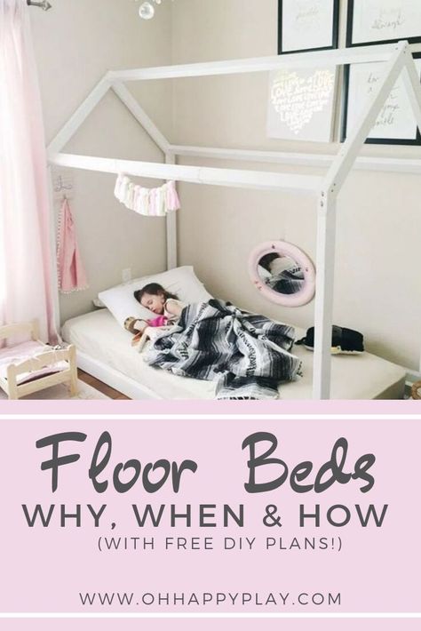 Have you seen Montessori inspired floor beds popping up every where you look? Me too! Why? Because they are awesome, cute and so many other reasons! Head over to the blog for all the reasons to create a floor bed (and HOW TO) for your child! #montessorifloorbed #floorbed #montessoristyle #diyfloorbed #floorbedplans #kidsrooms Floor Beds For Toddlers, Diy Floor Bed, Beds For Toddlers, Floor Bed Toddler, Framed Bed, Sleep Ideas, Floor Beds, Montessori Floor Bed, Toddler Floor Bed