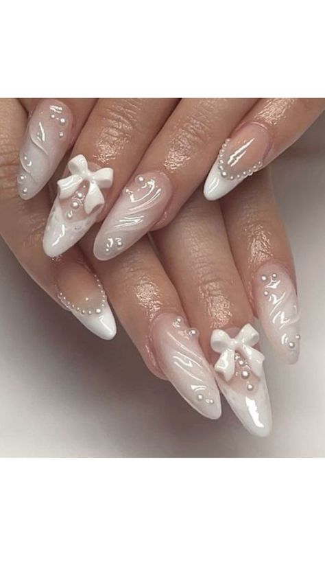 #nails Summer Nail French Tip Designs, Coquette Gel Nails, White Nail Ideas With Design, Nail Ideas Summer White, White Swan Nails, White Nails Coquette, Nail Ideas White Design, Almond Coquette Nails, Coquette Summer Nails