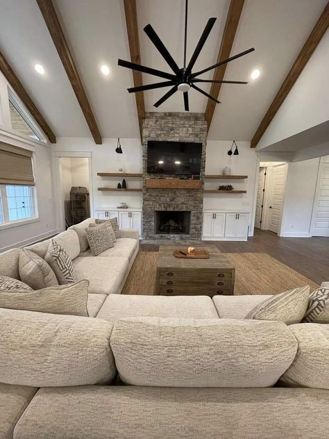 Great Room Plans, Bardominum Ideas Living Room, Ranch House Ideas Interior, Farm Homes Country Bedroom, Beams In Living Room And Kitchen, Open Floor Plan Living Room And Kitchen Farmhouse Cathedral Ceilings, Half Vaulted Ceiling Living Room Ideas, Custom Kitchen Design, Wood Beams Ceiling Living Room