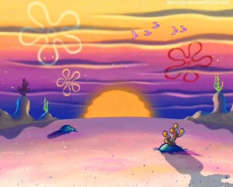 Sunset in Bikini Bottom Spongebob Sunset Background, Beach Aesthetic Cartoon, Old Spongebob Aesthetic, Summer Cartoon Aesthetic, Summer Aesthetic Cartoon, Spongebob Landscape, Spongebob Sunset, Spongebob Scenes, Sunset Cartoon