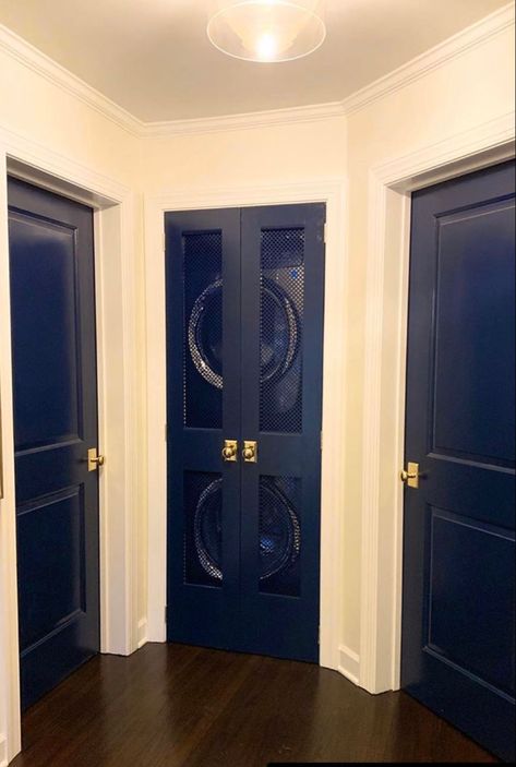 Navy Interior Doors, Blue Interior Doors, Door Colour, Navy Interior, Black Interior Doors, Gold Door, Window Handles, Flat Ideas, Bedroom Door