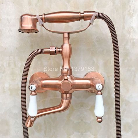 Claw Foot Tub Faucet Mixer Tap Set Telephone Style Handheld Shower Head Antique Red Copper Brass Dual Ceramics Lever atf806 Bathroom Clawfoot Tub, Copper Bath, Clawfoot Tub Faucet, Copper Bathroom, Shower Installation, Shower Faucet Sets, Red Copper, Handheld Shower Head, Copper Wall