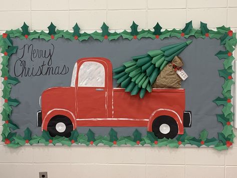 Red Truck Christmas Bulletin Board, Christmas Tree Farm Hallway Decorations, Christmas Truck Bulletin Board, Red Truck Christmas Classroom Door, Christmas Tree Farm Door Decorations, Christmas Tree Farm Bulletin Board, Truck Bulletin Board Ideas, Fall Truck Bulletin Board, Red Truck Bulletin Board