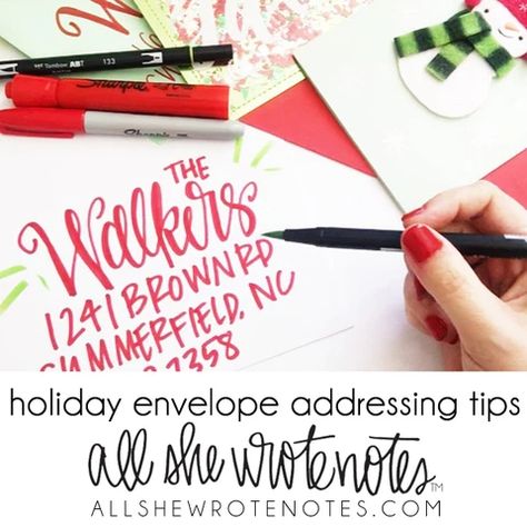 All She Wrote Notes, Christmas Card Addressing Handwriting, Holiday Envelope Addressing, Addressing Christmas Cards, Brush Letter, Easy Envelope, Hand Lettering Envelopes, Envelope Writing, Christmas Card Envelopes