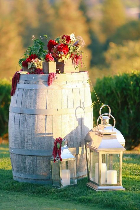 rustic country wine barrel fall wedding decor Wine Barrel Wedding Decor, Barrel Wedding Decor, Vintage Wedding Cake Table, Wine Barrel Wedding, Barrel Wedding, Lantern Decor Wedding, Vintage Wedding Table, Rustic Wedding Table Decor, Wine Barrels