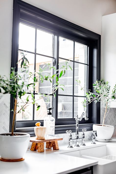 Black Window Frame Bathroom, Black Industrial Windows, Black Georgian Windows, French Windows Kitchen, Diy French Windows, Black Windowsill, Black Window Frames Interior, Timeless Windows, Houses With Black Windows