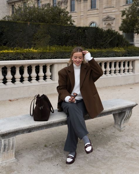 from a cute afternoon with mum in the jardin ✨️🍂 wearing oversize blazer @sourceunknown_official alpaca knit @sezane pants @secondfemale burgundy twotone loafer @sezane suede Bag @flattered sunglasses @andotherstories #autumnparis #parisienne ##autumnoutfits #loaferoutfitinspo Sezane Pants, Paris In Autumn, Oversize Blazer, Suede Bag, Knit Alpaca, Oversized Blazer, Alpaca, Fall Outfits, Loafers