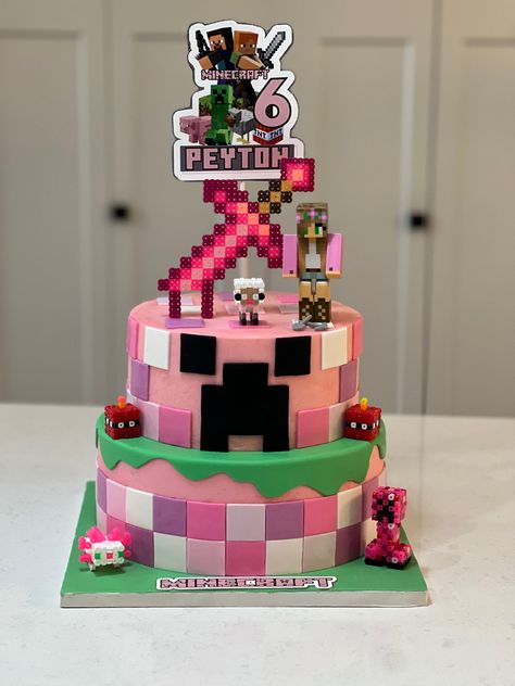 Pink Minecraft Birthday Party, Pink Minecraft Party, Pink Minecraft Cake, Aphmau Cake Ideas, 9th Birthday Girl Ideas Cake, Aphmau Birthday Cake, Girl Minecraft Party, Girls Minecraft Birthday Party, Birthday Cake For 8 Year Girl