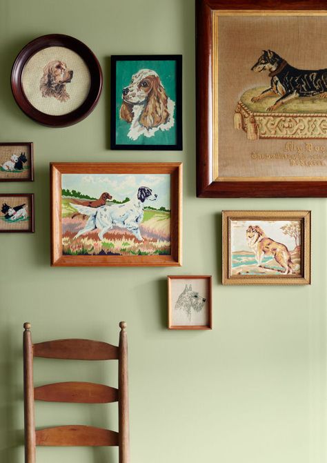 If your a dog lover who loves antiques you need to start collecting needlepoints and paint-by-numbers. hreaded pups range from finely detailed works from the 1800s (see the Doberman portrait, far right) to circa 1950s items created from kits similar to paint-by-numbers. France Street, Dog Frames, Canine Art, Dog Rooms, Dog Wall Art, Portrait Wall, Dog Decor, Vintage Dog, Dog Themed