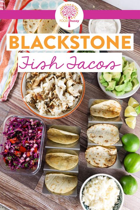 Blackstone Fish Tacos are your new favorite group dinner! You can easily make the fish and tortillas in less than 10 minutes! Then come inside and add all the toppings! I've got a homemade cabbage slaw and a creamy sauce for you - if you're feeling fancy!  via @foodhussy Blackstone Fish Tacos, Blackstone Fish Recipe, Blackstone Fish, Homemade Cabbage, Fresco Cheese, Group Dinner, Habanero Salsa, Blackstone Recipes, Dessert Restaurants