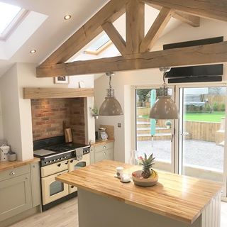 Our newest & most favourite room in the house!🏡 Oak beams are kinda our thing!🤗 #newkitchen #kitcheninspo #oakbeams #rangemaster #redbrickfireplace #veluxwindows #countrystyleinteriors #kitchendecor #kitchenideas #bifolddoors #shakerkitchen #hectorshome @countrylivinguk Farmhouse Kitchen Design Ideas, Stylish Bedroom Design, Casa Country, Farmhouse Kitchen Design, Kitchen Farmhouse, House Design Kitchen, Kitchen Design Ideas, Wooden Beams, Modern Farmhouse Kitchens