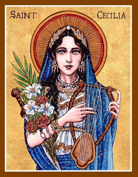 St. Cecilia icon by Theophilia on deviantART ~ watercolor, ink & gold leaf St Cecelia, Saint Cecilia, St Cecilia, Santa Cecilia, Catholic Images, All Saints Day, Ink Watercolor, Religious Images, Religious Icons