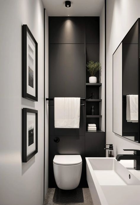 15 Genius Half Bathroom Decor Ideas 20 Stylish Small Bathroom Ideas, Toilet Room Design Ideas, Small Townhouse Ideas, Half Bathroom Black And White, Black And White Bathroom Design Ideas, Half Bathroom Farmhouse, Black Toilet Room, Half Bathroom Decor Ideas Small, Small Half Bathroom Design