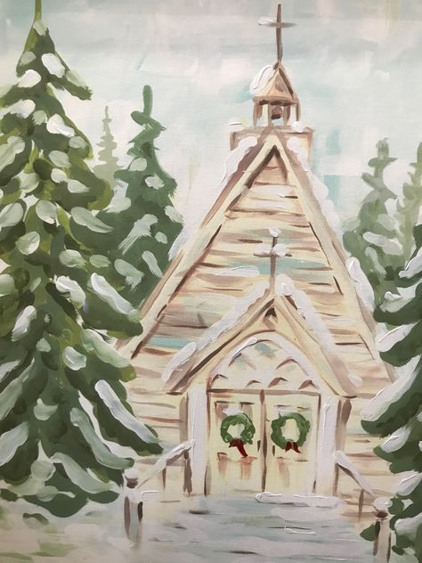 Paintings Of Churches, Houses Painting, Wreath Painting, Christmas Crafts To Make And Sell, Church Painting, Tiny Canvas, Country Churches, Christmas Canvas Art, Christmas Church