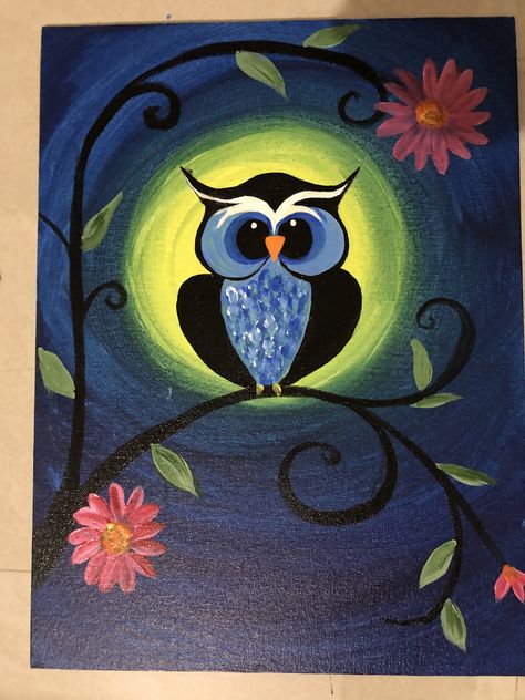 Owl Canvas Painting, Owl Paintings, Simple Owl, Owl Canvas, Acrylic Colours, Stained Glass Diy, Owl Painting, Glass Printing, Owl Art