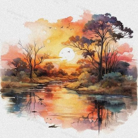 Life In Paradise, Paint Drawing, Painting Sunset, Watercolour Landscape, Scenery Paintings, Fall Watercolor, Pretty Landscapes, Watercolor Landscape Paintings, Autumn Scenery