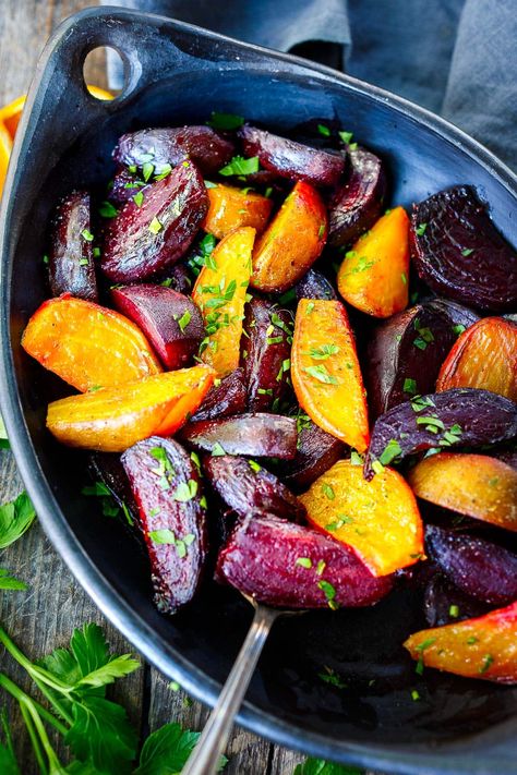 Learn the secret to delicious roasted beets without peeling them! Tender and caramelized, these oven-roasted beets make a lovely side dish. Vegan and gluten-free. Roasted Beets Oven, Red Beets Recipe, Roasted Beets Recipe, Roasting Beets In Oven, Beets Recipe, Feasting At Home, Cooking Beets, Pear Salad, Beet Recipes