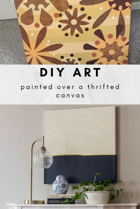 How to paint DIY art over a thrifted canvas. Diy Beach Art Canvas, Fabric Over Canvas, Diy Painting Ideas, Art Painting Ideas, Diy Abstract Canvas Art, Diy Canvas Wall Art, Art Pretty, Diy Artwork, Paint Diy