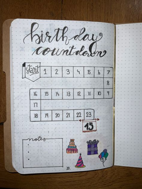 Birthday Countdown Journal, Birthday Month Journal Ideas, Birthday Countdown Ideas, July Bujo, Bujo Spreads, Journal Tracker, Birthday Countdown, Bullet Journal Ideas Templates, Bullet Journal Tracker