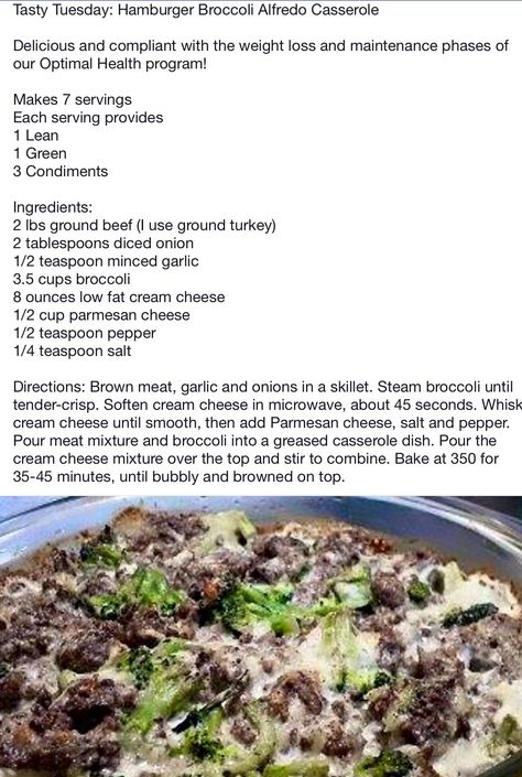 Hamburger Broccoli Alfredo Casserole Hamburger Broccoli, Lean Green Meals, Alfredo Casserole, Medifast Recipes, Lean Protein Meals, Lean And Green, Broccoli Alfredo, Green Meals, Lean Meals