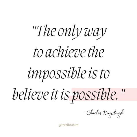 The only way to achieve the impossible is to believe it is possible.✨ ~Charles Kingsleigh  Imagine what we could accomplish if we stopped doubting ourselves and started embracing our potential!💖  Every dream, no matter how big or small, begins with the courage to believe it can come true.🚀💫  So, take that first step today. Believe in yourself, push beyond your limits, and strive to make the impossible possible. You have the power within you to achieve greatness.🌠🌟 Make The Impossible Possible, Impossible Possible, How To Believe, Right Mindset, I Believe In Me, The Impossible, Believe In Yourself, Wise Quotes, The Only Way