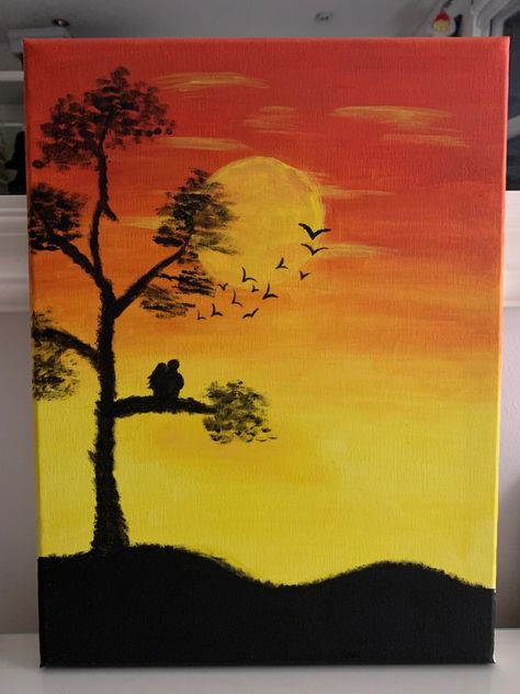 Watching Sunset Drawing, Canvas Painting Ideas Sunset, Watching Sunset, Sunset Painting Acrylic, Couple Sitting, Painting Sunset, Simple Canvas Paintings, Family Painting, Troll Face