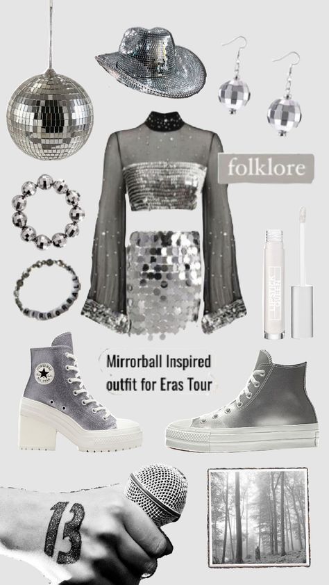 an taylor swift outfit idea mirrorball inspired Silver Taylor Swift Outfit, Mirrorball Taylor Swift Eras Tour Outfit, Taylor Swift Disco Ball Outfit, Taylor Swift Silver Outfit, Mirrorball Aesthetic Outfit, Taylor Swift Mirror Ball Outfit, Folklore Mirrorball Outfit, Taylor Swift Birthday Party Outfit Ideas, Mirrorball Inspired Outfit