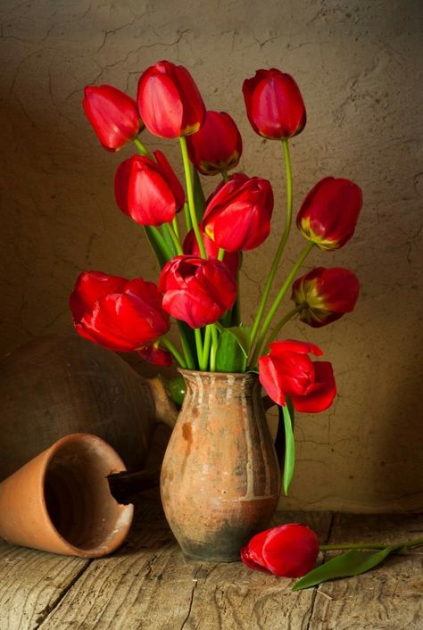 Still Life Pictures, Tulip Painting, Cardboard Sculpture, Still Life Flowers, Flower Vase Arrangements, Flower Painting Canvas, Tulips In Vase, Soyut Sanat Tabloları, Still Life Art